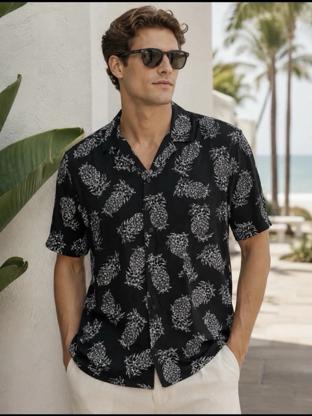 H&M Men's Black Pineapple Print Short-Sleeve Shirt